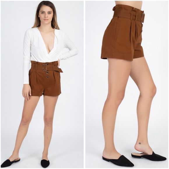 Pants - 🆕High waisted belted shorts in dark camel
